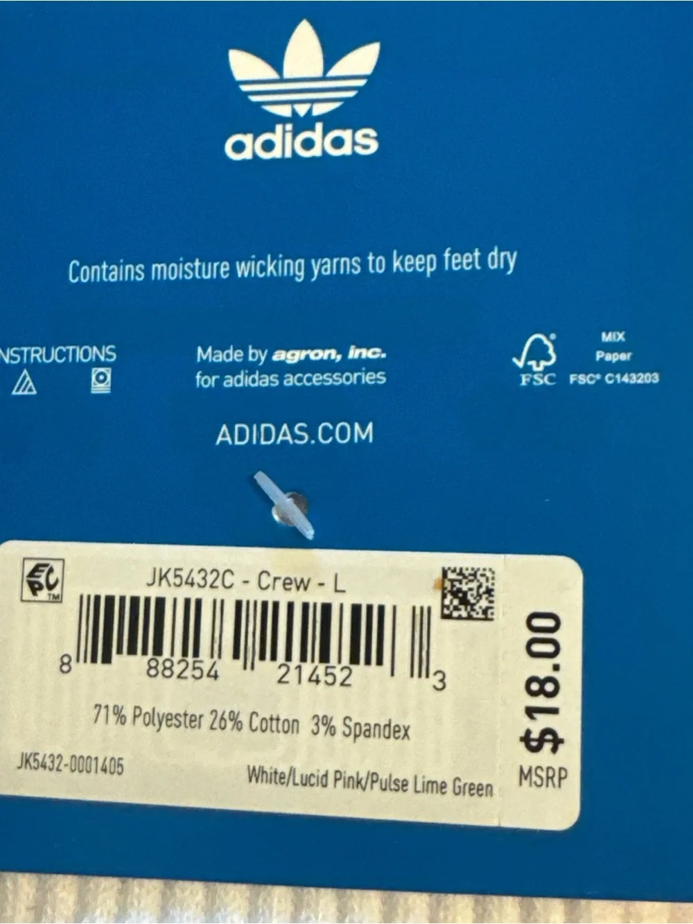 adidas Men’s Crew Socks — White with Pink Stripe